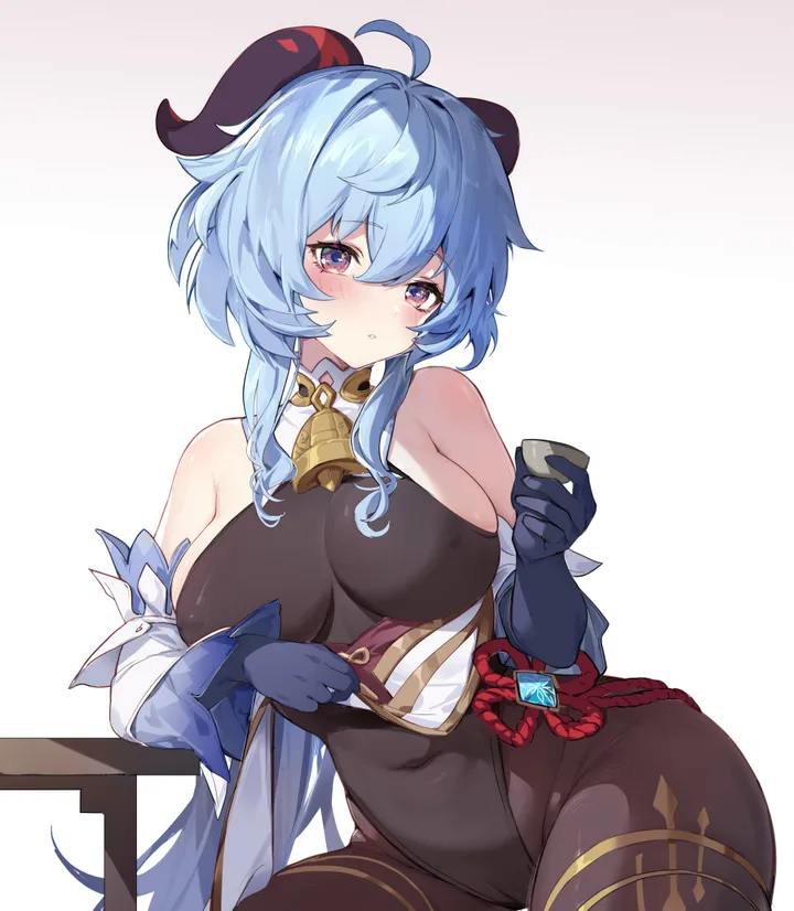 1girl,cowboy_shot,detached_sleeves,chinese_knot,breasts,sideboob,leotard_under_clothes,bangs,solo,ahoge,closed_mouth,thighs,thighlet,sidelocks,goat_horns,hair_between_eyes,gloves,holding_cup,holding,lifted_by_self,clothes_lift,pelvic_curtain,simple_background,cup,brown_pantyhose,cowbell,white_background,white_sleeves,looking_at_viewer,vertical,leotard,purple_eyes,flower_knot,groin,blush,blue_hair,blue_gloves,horns,large_breasts,bodystocking,pantyhose,gold_trim,bell,neck_bell,long_hair,long_sleeves,covered_nipples,covered_navel,bare_shoulders,highleg,highleg_leotard,black_gloves,black_pantyhose,black_leotard