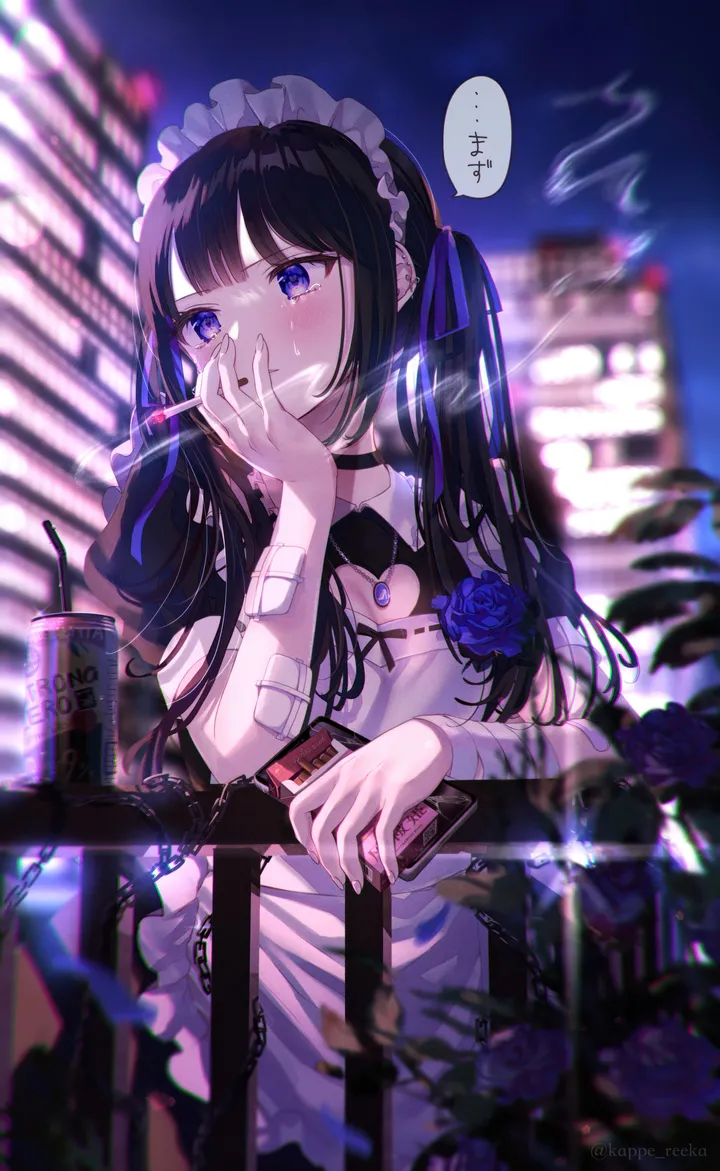 1girl,ribbon,bangs,bandaid,solo,twintails,smoking,apron,night,hair_ribbon,maid,maid_apron,maid_headdress,speech_bubble,outdoors,holding_cigarette,bandaid_on_arm,hand_on_own_cheek,hand_on_own_face,holding,nail_polish,can,blurry,blurry_background,smoke,rose,jewelry,white_apron,short_sleeves,looking_away,piercing,ear_piercing,vertical,purple_eyes,bandages,bandaged_arm,blush,frills,frilled_apron,blue_ribbon,blue_rose,blue_flower,puffy_short_sleeves,puffy_sleeves,clothing_cutout,dress,chain,long_hair,cleavage_cutout,choker,cigarette,flower,black_hair,black_dress,black_choker