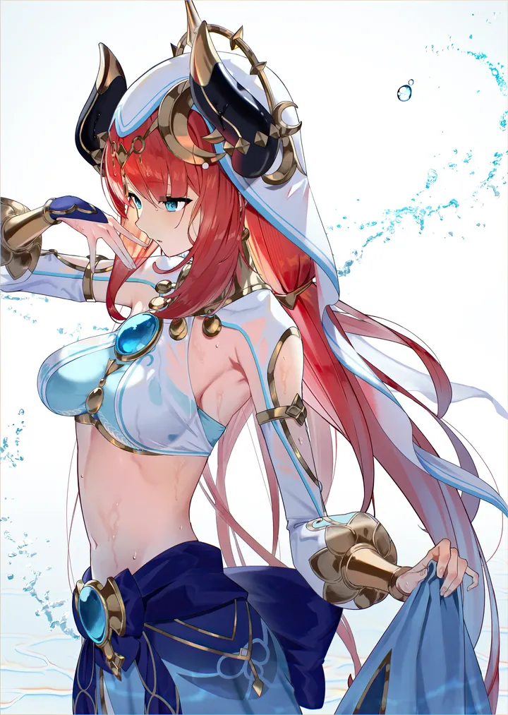 1girl,detached_sleeves,medium_breasts,breasts,from_side,bangs,solo,twintails,circlet,gem,stomach,bracer,skirt_hold,water,jewelry,white_headwear,white_background,skirt,vertical,red_hair,navel,brooch,harem_outfit,blue_gemstone,blue_eyes,blue_skirt,puffy_sleeves,puffy_long_sleeves,clothing_cutout,wet,fake_horns,horns,gold_trim,long_hair,long_sleeves,crop_top,veil,neck_ring