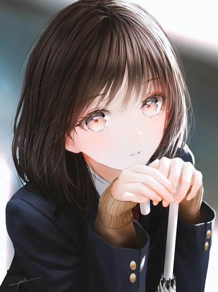 1girl,medium_hair,upper_body,bangs,solo,hands_up,jacket,parted_lips,holding,depth_of_field,collared_shirt,school_uniform,brown_hair,brown_eyes,blurry,blurry_background,sweater,white_shirt,looking_at_viewer,vertical,signature,blush,blue_jacket,shirt,sleeves_past_wrists,blazer,long_hair,long_sleeves,umbrella,black_jacket