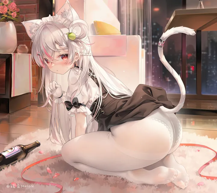 1girl,virtual_youtuber,braid,from_side,carpet,full_body,animal_ears,underwear,panties,bangs,solo,hairclip,closed_mouth,looking_back,multicolored_hair,night,hair_ornament,maid,maid_headdress,indoors,tail,tail_ornament,ass,hair_between_eyes,very_long_hair,parted_lips,gloves,streaked_hair,clothes_lift,wooden_floor,no_shoes,cat_girl,cat_tail,cat_ears,rose,bottle,white_panties,white_hair,white_gloves,white_shirt,white_pantyhose,looking_to_the_side,looking_at_viewer,short_sleeves,panties_under_pantyhose,window,vertical,pink_hair,red_rose,red_eyes,red_flower,tail_raised,animal_ear_fluff,feet,soles,toes,blush,petals,frills,puffy_short_sleeves,puffy_sleeves,lace-trimmed_panties,shirt,extra_ears,kneeling,dress,pantyhose,wine_bottle,long_hair,flower,black_dress