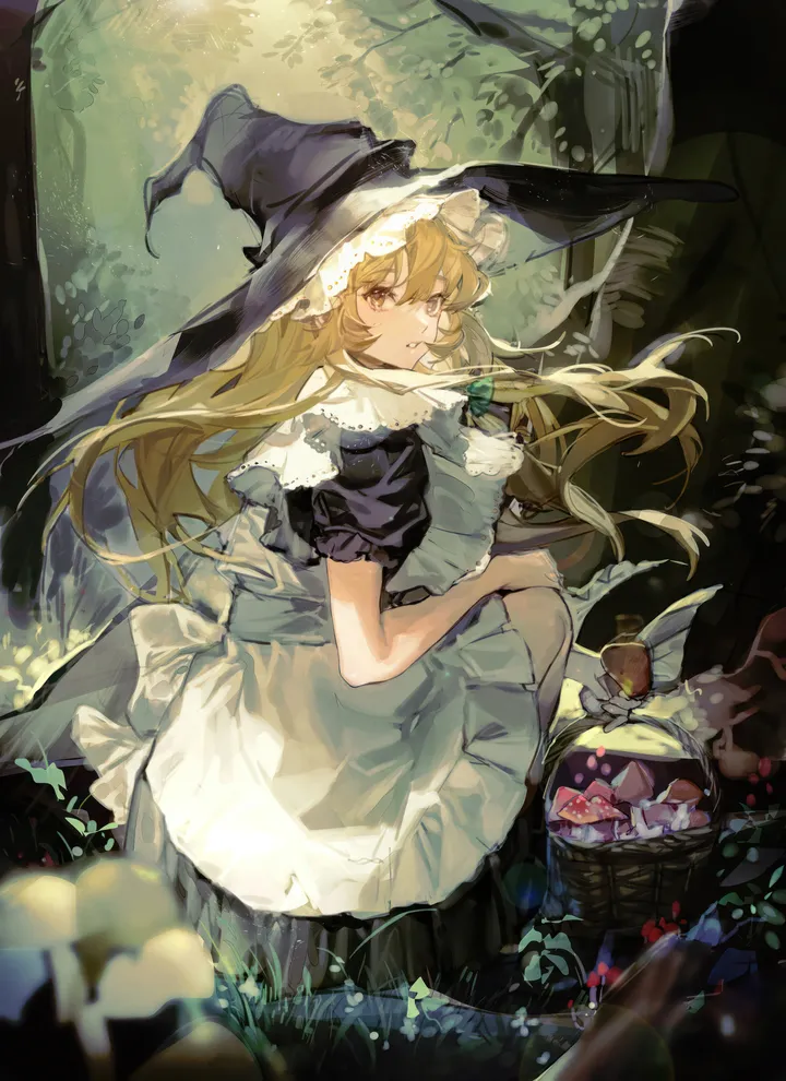 1girl,bangs,solo,looking_back,apron,nature,witch_hat,waist_apron,pointy_ears,hat,hair_between_eyes,parted_lips,outdoors,holding,tree,forest,white_apron,white_bow,looking_at_viewer,short_sleeves,vertical,basket,back_bow,frills,grass,puffy_short_sleeves,puffy_sleeves,mushroom,bow,squatting,dress,blonde_hair,long_hair,floating_hair,yellow_eyes,black_headwear,black_dress