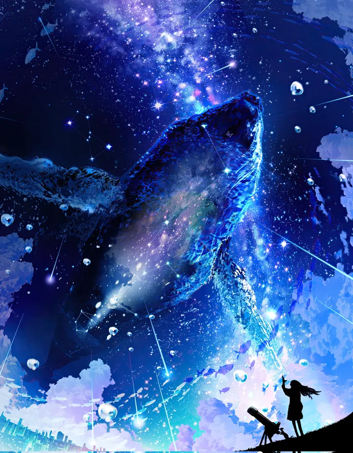1girl,cloud,silhouette,solo,night,night_sky,sky,fantasy,outdoors,star_sky,starry_sky,bubble,shooting_star,easel,vertical,standing,signature,blue_theme,long_hair,scenery,whale