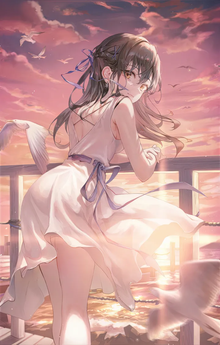 1girl,braid,ribbon,cloud,bangs,solo,looking_back,sky,hair_ribbon,outdoors,sleeveless,sleeveless_dress,sunset,railing,brown_hair,brown_eyes,water,ocean,jewelry,white_dress,looking_at_viewer,vertical,standing,smile,earrings,from_behind,blue_ribbon,dress,long_hair,bare_shoulders,backless_dress,bird,black_hair