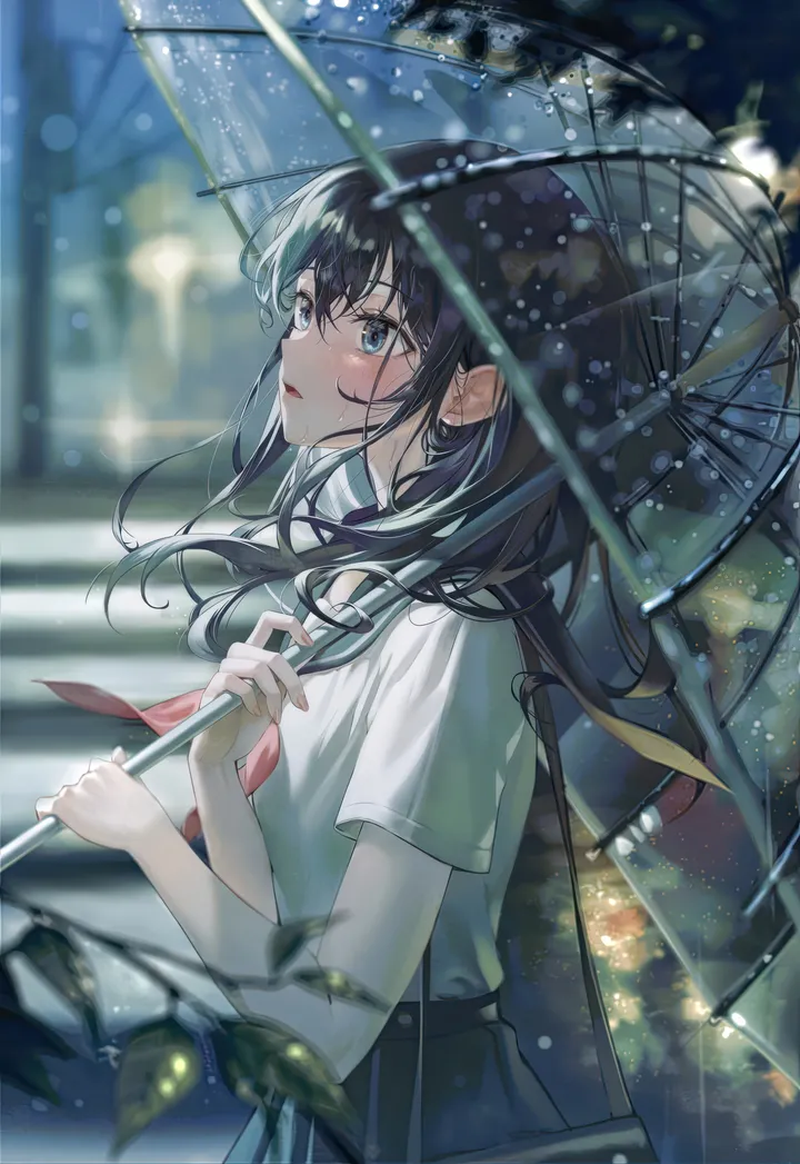 1girl,neckerchief,from_side,bangs,bag,solo,leaf,parted_lips,outdoors,holding,holding_umbrella,school_uniform,blurry,blurry_background,serafuku,sailor_collar,white_shirt,pleated_skirt,short_sleeves,skirt,vertical,red_neckerchief,blush,blue_eyes,shirt,transparent,transparent_umbrella,long_hair,rain,umbrella,black_hair,black_sailor_collar,black_skirt