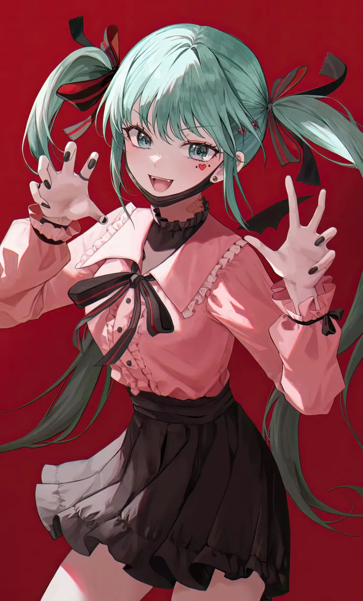 1girl,cowboy_shot,mask_pull,ribbon,bangs,bandaid,solo,hands_up,twintails,mouth_mask,claw_pose,jirai_kei,fangs,hair_ribbon,hair_ornament,open_mouth,very_long_hair,heart,heart_hair_ornament,nail_polish,collared_shirt,simple_background,aqua_hair,jewelry,pleated_skirt,looking_at_viewer,skirt,vertical,smile,pink_shirt,red_background,frills,frilled_shirt,frilled_shirt_collar,shirt,long_hair,long_sleeves,mask,neck_ribbon,black_ribbon,black_mask,black_nails,black_skirt