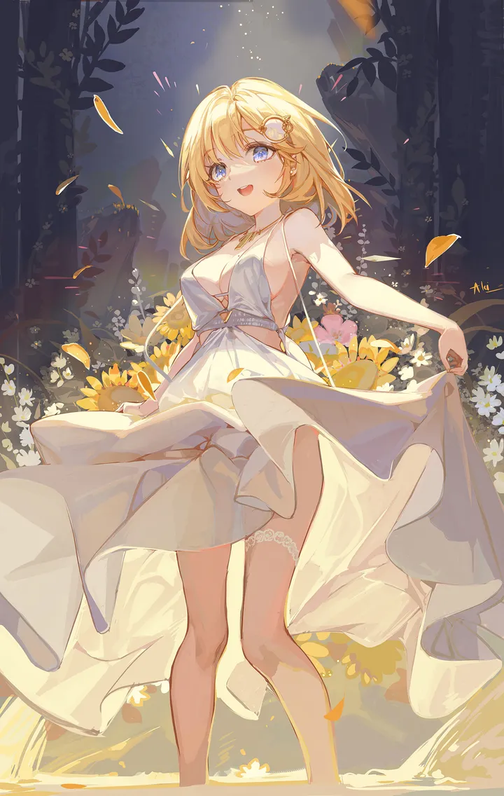 1girl,virtual_youtuber,medium_breasts,medium_hair,breasts,cleavage,bangs,solo,monocle_hair_ornament,thigh_strap,hair_ornament,open_mouth,skirt_hold,sleeveless,sleeveless_dress,bob_cut,wading,jewelry,white_dress,looking_at_viewer,vertical,standing,smile,blush,petals,blue_eyes,dress,blonde_hair,bare_shoulders,halter_dress,necklace,flower,yellow_flower