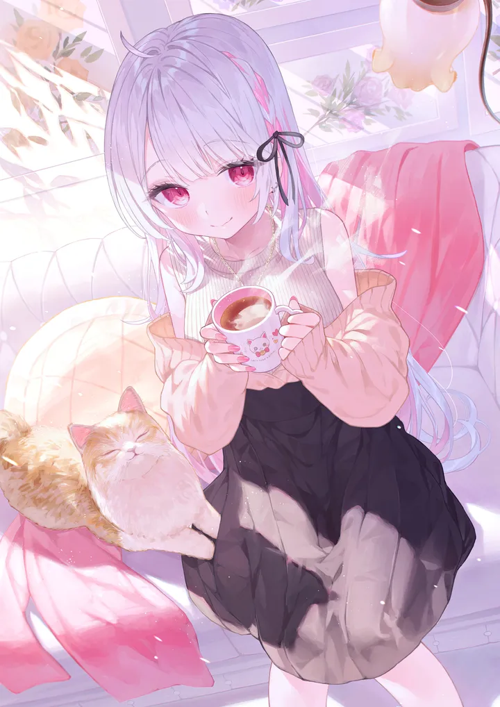 1girl,virtual_youtuber,braid,ribbon,bangs,animal,solo,feet_out_of_frame,ahoge,closed_mouth,on_couch,sitting,multicolored_hair,hair_ribbon,indoors,very_long_hair,holding_cup,holding,nail_polish,sleeveless,sleeveless_shirt,cup,pillow,sweater,couch,cat,rose,jewelry,white_hair,white_shirt,looking_at_viewer,skirt,vertical,smile,pink_hair,red_eyes,blush,steam,shirt,sleeves_past_wrists,open_clothes,long_hair,long_sleeves,bare_shoulders,off_shoulder,necklace,flower,black_skirt