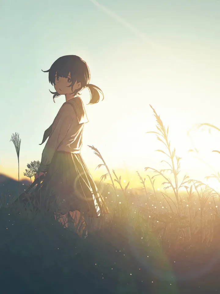 1girl,neckerchief,bangs,solo,twintails,sky,outdoors,holding,holding_flower,school_uniform,brown_hair,brown_eyes,serafuku,sailor_collar,white_shirt,pleated_skirt,looking_to_the_side,looking_at_viewer,skirt,vertical,standing,grass,dandelion,shirt,backlighting,lens_flare,long_sleeves,sunlight,flower,black_hair,black_skirt