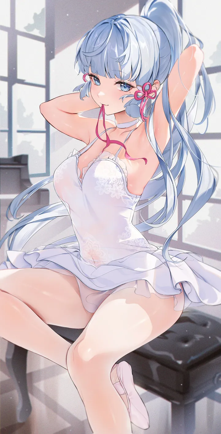 1girl,ribbon,medium_breasts,arms_up,breasts,cleavage,bangs,see-through,solo,arms_behind_head,legs,tress_ribbon,sitting,thighs,hair_ribbon,sidelocks,indoors,hair_tie_in_mouth,very_long_hair,tying_hair,sleeveless,sleeveless_dress,mole_under_eye,light_blue_hair,mouth_hold,mole,white_dress,white_pantyhose,white_leotard,blunt_bangs,looking_at_viewer,vertical,pink_ribbon,leotard,flower_knot,spaghetti_strap,blush,armpits,ballerina,ballet,tutu,ballet_slippers,blue_hair,blue_eyes,bare_arms,large_breasts,short_dress,dress,pantyhose,collarbone,long_hair,bare_shoulders,shoes,choker,ponytail