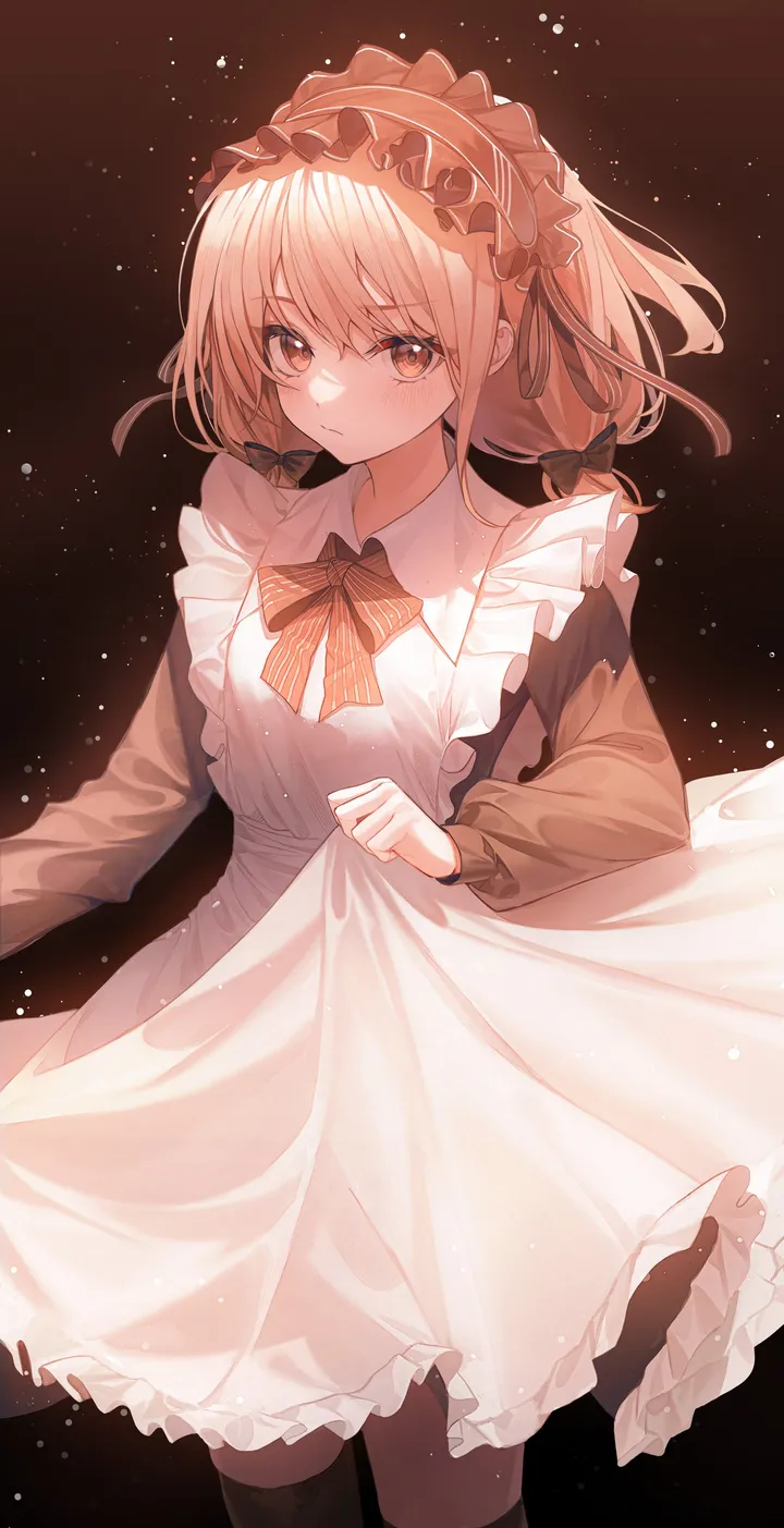 1girl,ribbon,light_particles,bangs,solo,hairband,closed_mouth,apron,maid,maid_apron,maid_headdress,skirt_hold,collared_dress,simple_background,striped,striped_bow,brown_eyes,brown_bow,brown_bowtie,white_apron,looking_at_viewer,vertical,standing,blush,frills,frilled_hairband,frilled_apron,bow,hair_bow,thighhighs,dress,blonde_hair,long_sleeves,bowtie,black_background,black_thighhighs