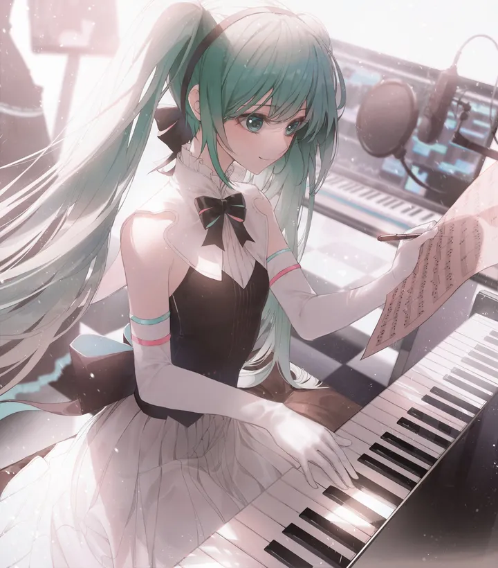 1girl,ribbon,instrument,sheet_music,light_particles,bangs,solo,twintails,hairband,closed_mouth,sitting,hair_between_eyes,very_long_hair,gloves,holding,sleeveless,blurry,blurry_background,aqua_hair,aqua_eyes,playing_instrument,white_gloves,white_skirt,pleated_skirt,skirt,vertical,smile,paper,green_hair,bow,shirt,dress,piano,long_hair,elbow_gloves,bare_shoulders,music,bowtie,microphone,black_hairband