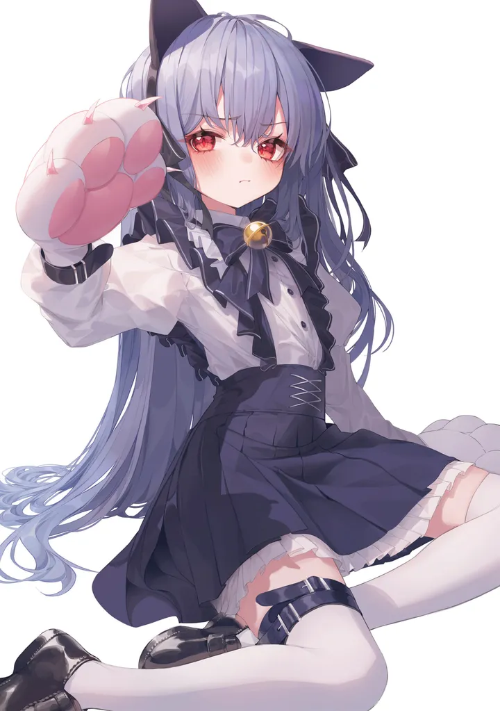 1girl,arm_up,loafers,yokozuwari,paw_gloves,animal_ears,bangs,fake_animal_ears,animal_hands,solo,suspender_skirt,closed_mouth,sitting,thigh_strap,hair_between_eyes,very_long_hair,gloves,hand_up,collared_shirt,simple_background,grey_hair,cat_paws,cat_ears,jingle_bell,white_background,white_shirt,white_thighhighs,pleated_skirt,looking_at_viewer,skirt,vertical,red_eyes,blush,frills,frilled_skirt,bow,shirt,thighhighs,bell,neck_bell,long_hair,long_sleeves,shoes,bowtie,high-waist_skirt,black_skirt,black_bow,black_footwear,black_bowtie