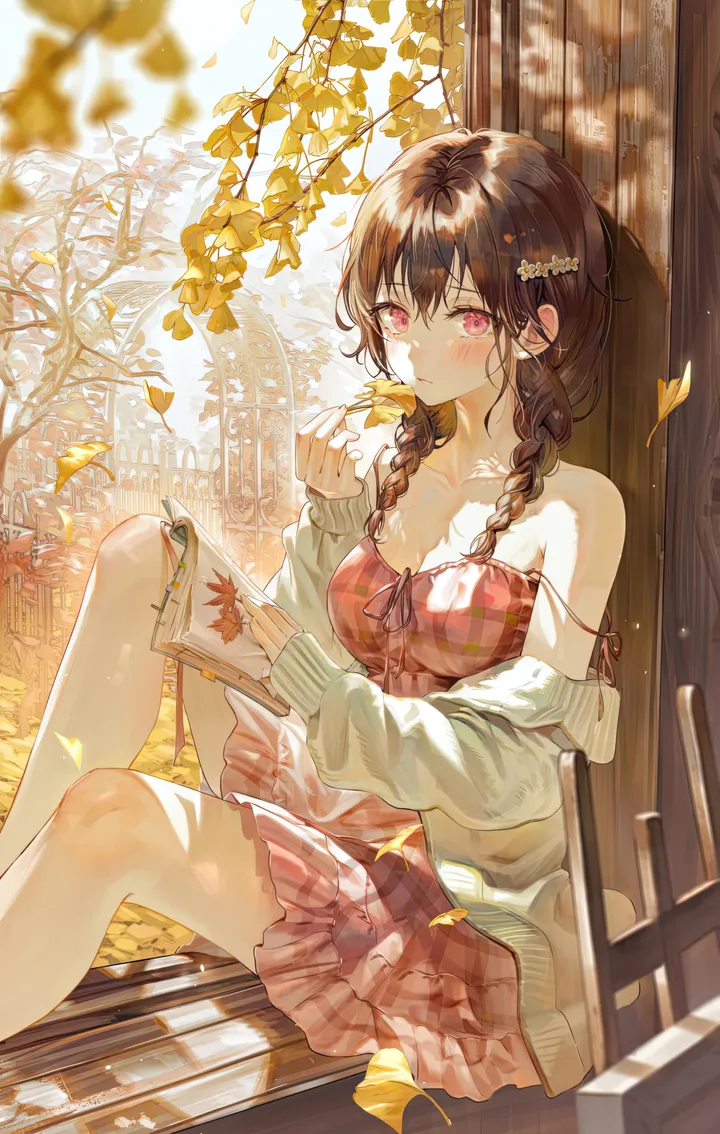 1girl,braid,twin_braids,medium_breasts,book,breasts,cleavage,bangs,solo,knee_up,feet_out_of_frame,hairclip,leaf,closed_mouth,sitting,hair_ornament,hair_between_eyes,open_cardigan,cardigan,outdoors,hair_over_shoulder,holding_leaf,holding,holding_book,sleeveless,sleeveless_dress,tree,plaid,plaid_dress,brown_hair,blurry,white_cardigan,looking_at_viewer,autumn,autumn_leaves,vertical,pink_eyes,open_book,blush,falling_leaves,strap_slip,open_clothes,dress,ginkgo_leaf,collarbone,long_hair,long_sleeves,bare_shoulders,off_shoulder