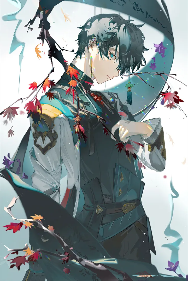 1boy,bangs,solo,leaf,closed_mouth,holding,maple_leaf,branch,tassel,jewelry,male_focus,looking_at_viewer,short_hair,vertical,earrings,blue_eyes,shirt,long_sleeves,black_hair