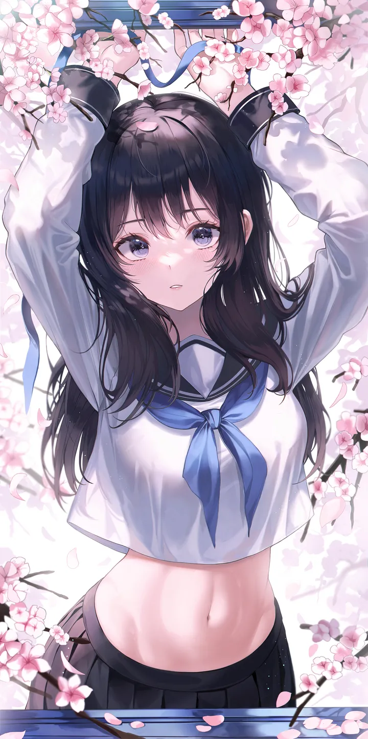 1girl,cowboy_shot,neckerchief,ribbon,arms_up,crop_top_overhang,breasts,bangs,bag,solo,stomach,parted_lips,holding,school_uniform,cherry_blossoms,water,serafuku,sailor_collar,white_shirt,pleated_skirt,looking_at_viewer,skirt,vertical,standing,navel,blush,petals,blue_neckerchief,blue_eyes,shirt,long_hair,long_sleeves,midriff,crop_top,flower,black_hair,black_sailor_collar,black_skirt