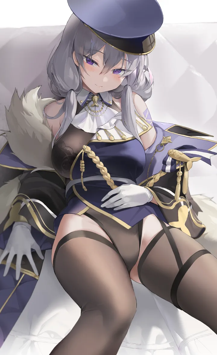 1girl,breasts,underwear,panties,military_hat,bangs,solo,garter_straps,closed_mouth,sitting,coat,thighs,hat,hair_between_eyes,gloves,peaked_cap,hand_on_own_stomach,open_coat,fur_trim,fur-trimmed_coat,grey_hair,white_gloves,white_background,looking_at_viewer,vertical,smile,leotard,purple_coat,purple_eyes,bra,blush,blue_coat,blue_headwear,lace-trimmed_bra,open_clothes,large_breasts,thighhighs,long_hair,bare_shoulders,off_shoulder,black_panties,black_coat,black_bra,black_thighhighs