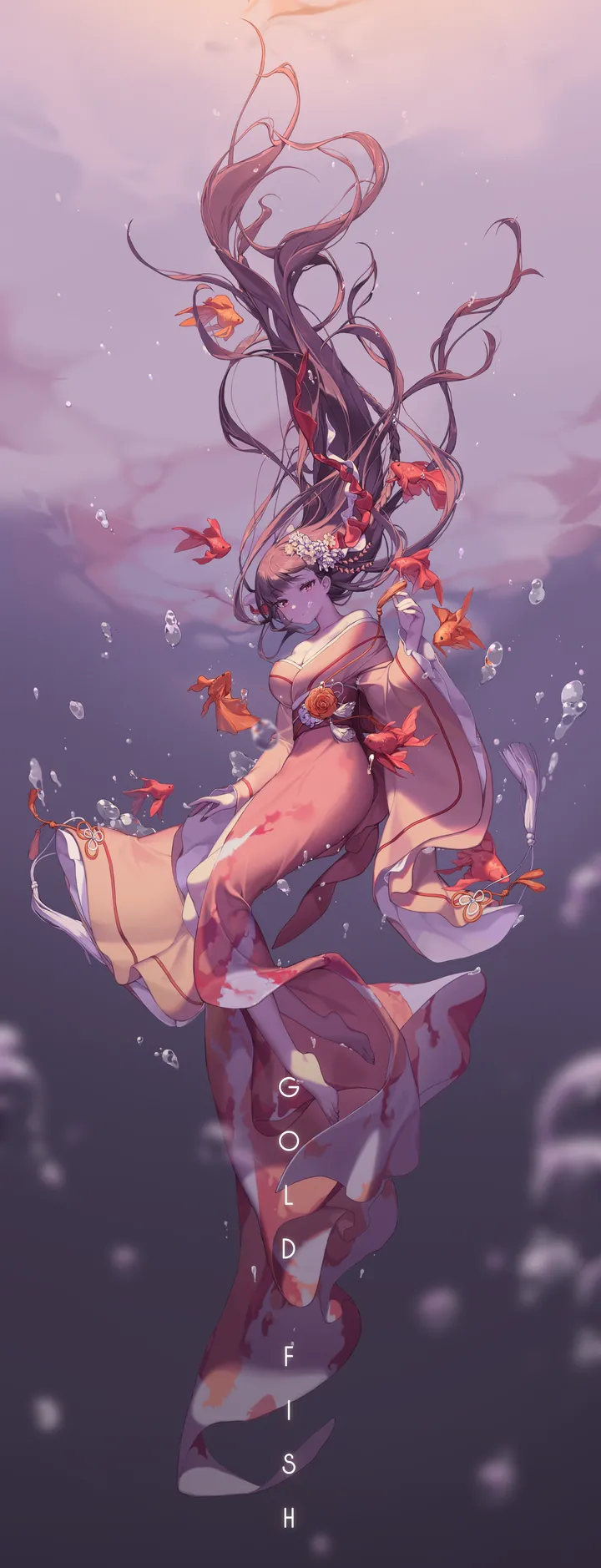 1girl,monster_girl,solo,closed_eyes,kimono,obi,hair_ornament,wide_sleeves,very_long_hair,japanese_clothes,brown_hair,air_bubble,underwater,bubble,vertical,submerged,long_hair,floating_hair,fish,black_hair