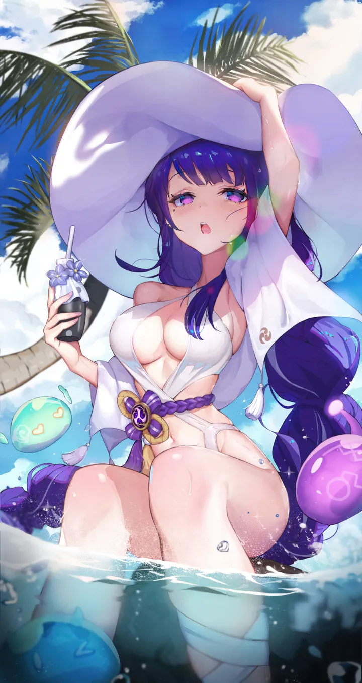 1girl,one-piece_swimsuit,braid,arm_up,breasts,cleavage,cloud,criss-cross_halter,bangs,solo,single_braid,feet_out_of_frame,drinking_straw,sitting,cloudy_sky,thighs,sky,sun_hat,tomoe_symbol,hat,open_mouth,very_long_hair,outdoors,holding_cup,hand_on_headwear,holding,holding_drink,mitsudomoe_shape,cup,tree,palm_tree,water,mole_under_eye,swimsuit,tassel,ocean,mole,day,white_headwear,white_one-piece_swimsuit,looking_at_viewer,alternate_costume,vertical,purple_hair,purple_eyes,halterneck,blue_sky,wet,large_breasts,partially_underwater_shot,long_hair,bare_shoulders,off_shoulder,drink,braided_ponytail