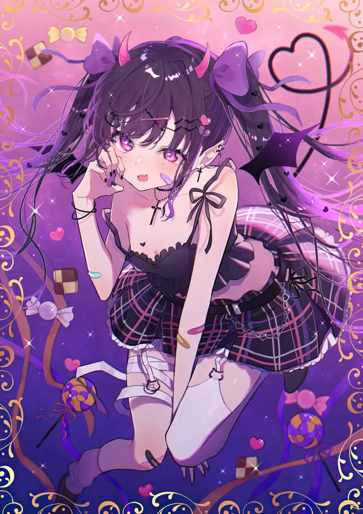 1girl,breasts,cleavage,bangs,bandaid,solo,twintails,hairclip,garter_straps,hair_ornament,pointy_ears,tail,open_mouth,heart,heart-shaped_pupils,demon_girl,demon_tail,demon_wings,demon_horns,nail_polish,plaid,plaid_skirt,jewelry,looking_at_viewer,skirt,piercing,ear_piercing,vertical,smile,pink_eyes,candy,purple_hair,purple_eyes,bandages,wings,blush,frills,fang,bow,hair_bow,horns,thighhighs,long_hair,midriff,crop_top,food,black_hair,black_skirt