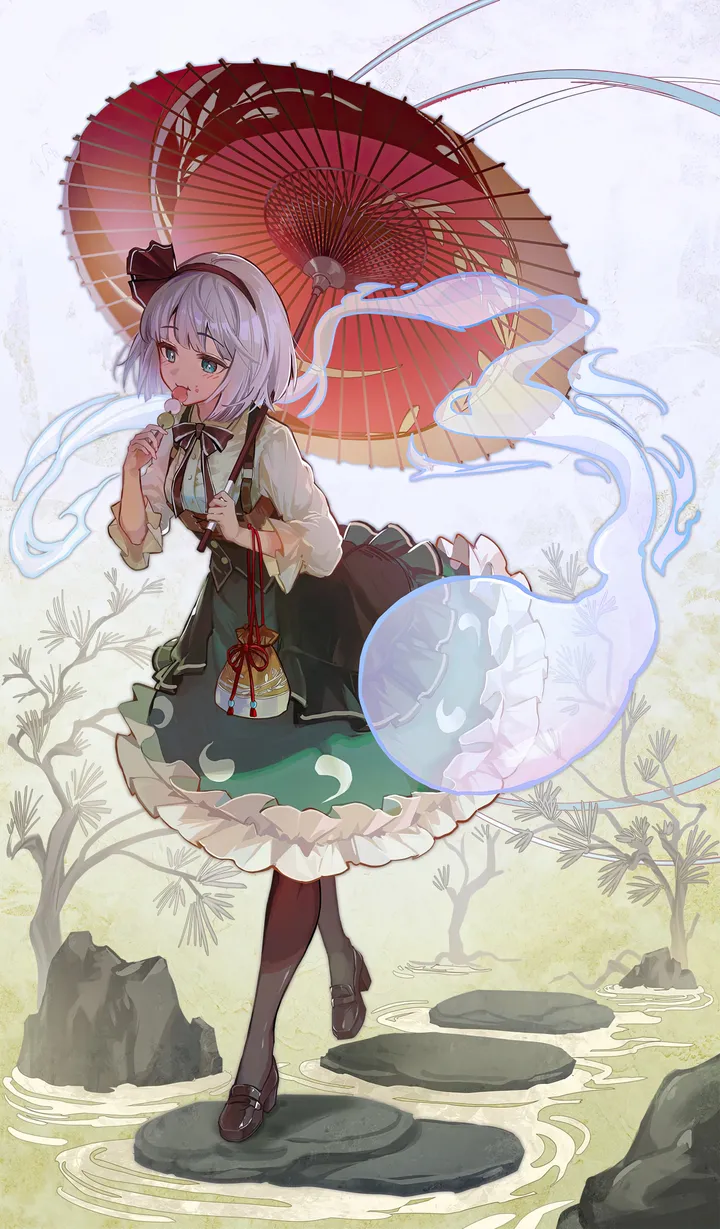 1girl,sanshoku_dango,ribbon,hitodama,full_body,bangs,hitodama_print,bag,solo,adapted_costume,hairband,eating,dango,hair_ribbon,rock,open_mouth,outdoors,holding,holding_food,holding_umbrella,wagashi,collared_shirt,tree,brown_footwear,water,oil-paper_umbrella,bob_cut,ripples,white_hair,white_shirt,short_hair,skirt,vertical,standing,green_eyes,green_skirt,green_vest,suspenders,vest,center_frills,blush,frills,frilled_skirt,blue_eyes,bow,shirt,petticoat,pouch,walking,pantyhose,long_sleeves,umbrella,shoes,bowtie,neck_ribbon,food,high-waist_skirt,black_ribbon,black_hairband,black_bow,black_pantyhose,black_bowtie