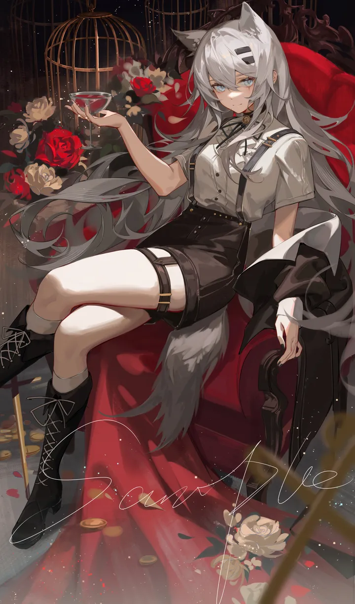 1girl,crossed_legs,scar,animal_ears,bangs,solo,knee_boots,hairclip,closed_mouth,sitting,thigh_strap,hair_ornament,tail,hair_between_eyes,very_long_hair,holding_cup,armchair,holding,collared_shirt,cup,chair,grey_hair,grey_eyes,wolf_girl,wolf_tail,wolf_ears,rose,white_hair,white_rose,white_flower,white_shirt,looking_at_viewer,scar_across_eye,short_sleeves,shorts,alternate_costume,vertical,smile,cage,red_rose,red_flower,wine_glass,suspenders,petals,blue_eyes,shirt,alcohol,drinking_glass,long_hair,boots,cross-laced_footwear,high_heel_boots,high_heels,flower,birdcage,black_shorts,black_footwear