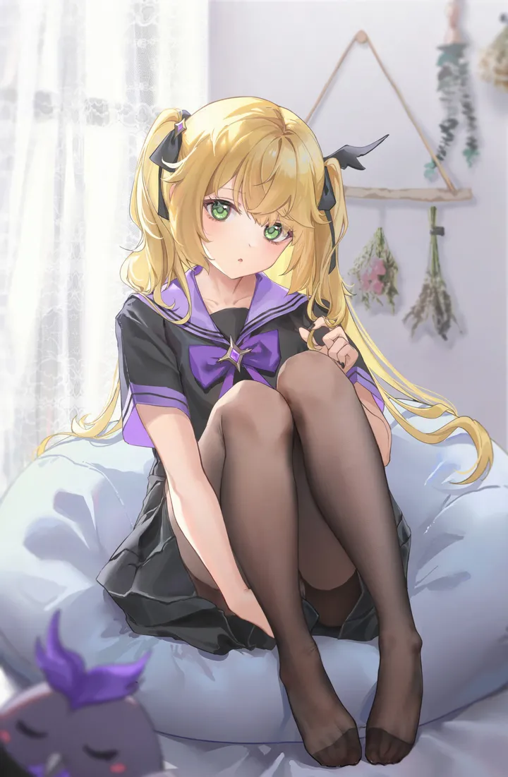 1girl,ribbon,full_body,bangs,solo,legs,sitting,hair_ribbon,indoors,two_side_up,parted_lips,playing_with_own_hair,knees_up,pillow,school_uniform,brown_pantyhose,serafuku,sailor_collar,no_shoes,pleated_skirt,looking_at_viewer,short_sleeves,skirt,alternate_costume,curtains,vertical,purple_sailor_collar,purple_bow,purple_bowtie,green_eyes,feet,toes,blush,fine_fabric_emphasis,bow,shirt,pantyhose,see-through_legwear,blonde_hair,collarbone,long_hair,bowtie,black_ribbon,black_skirt,black_shirt,black_pantyhose