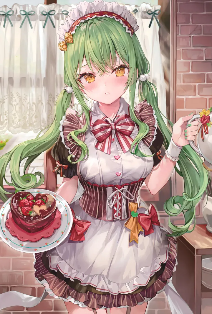 1girl,cowboy_shot,medium_breasts,breasts,low_twintails,bangs,solo,twintails,garter_straps,apron,hair_ornament,maid,maid_apron,maid_headdress,indoors,hair_between_eyes,parted_lips,holding,nail_polish,striped,fruit,white_apron,plate,looking_at_viewer,short_sleeves,vertical,standing,holding_plate,wrist_cuffs,red_bow,red_bowtie,green_hair,green_nails,blush,frills,puffy_short_sleeves,puffy_sleeves,cake,bow,thighhighs,dress,long_hair,bowtie,food,yellow_eyes