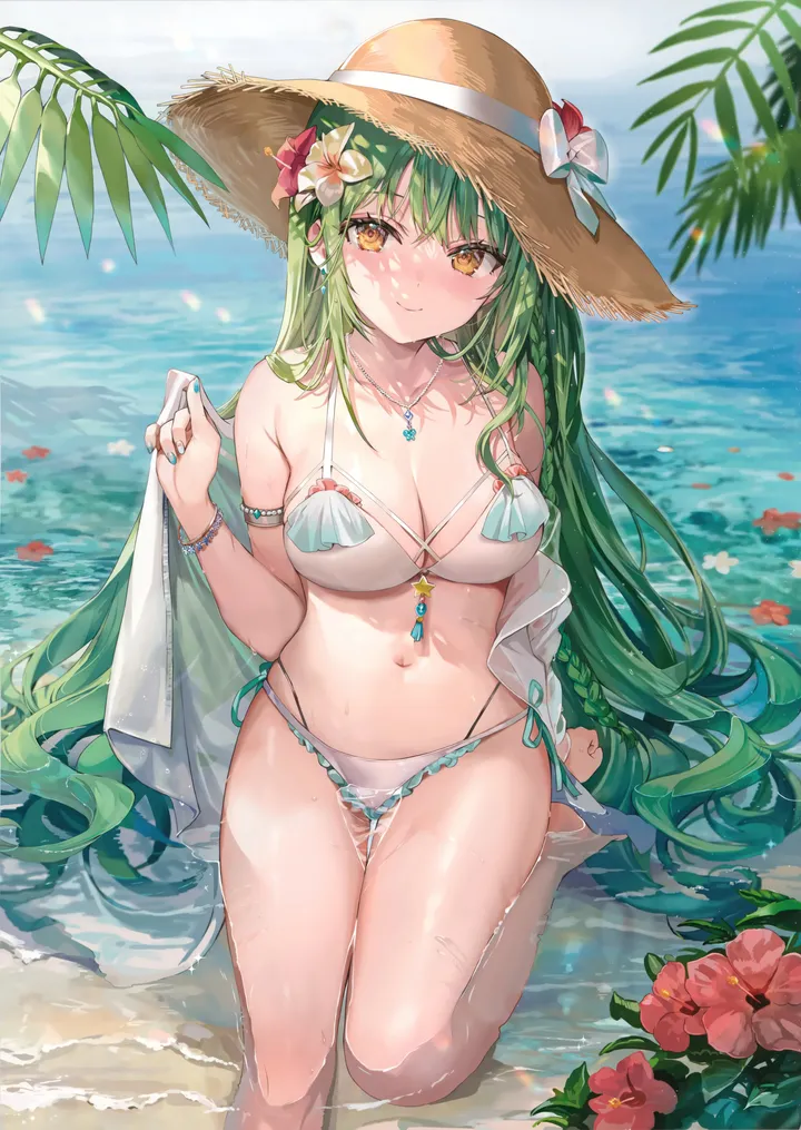 1girl,braid,side-tie_bikini_bottom,medium_breasts,breasts,cleavage,bangs,solo,arm_behind_back,leaf,closed_mouth,sitting,thighs,thigh_gap,sun_hat,hair_flower,hair_ornament,stomach,hat_bow,hat_flower,hat,very_long_hair,outdoors,bracelet,hibiscus,shawl,hand_up,holding,holding_towel,nail_polish,palm_leaf,brown_headwear,bikini,towel,water,swimsuit,shallow_water,ocean,beach,beads,bead_bracelet,jewelry,day,white_bikini,white_flower,looking_at_viewer,vertical,smile,multi-strapped_bikini,string_bikini,red_flower,halterneck,green_hair,earrings,navel,blush,armlet,frills,frilled_bikini,straw_hat,wet,bare_legs,barefoot,large_breasts,collarbone,long_hair,sunlight,bare_shoulders,necklace,highleg,flower,yellow_eyes