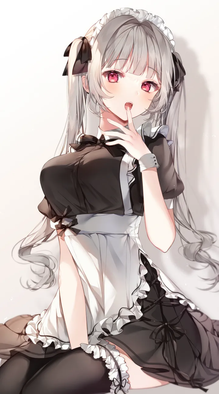 1girl,ribbon,between_legs,breasts,bangs,solo,twintails,apron,sitting,hair_ribbon,maid,maid_apron,maid_headdress,waist_apron,frilled_thighhighs,open_mouth,finger_to_mouth,hand_between_legs,hand_up,simple_background,grey_hair,white_apron,white_background,looking_at_viewer,short_sleeves,vertical,wrist_cuffs,red_eyes,zettai_ryouiki,blush,tongue,frills,frilled_apron,puffy_short_sleeves,puffy_sleeves,bow,large_breasts,thighhighs,dress,long_hair,bowtie,black_ribbon,black_thighhighs,black_dress