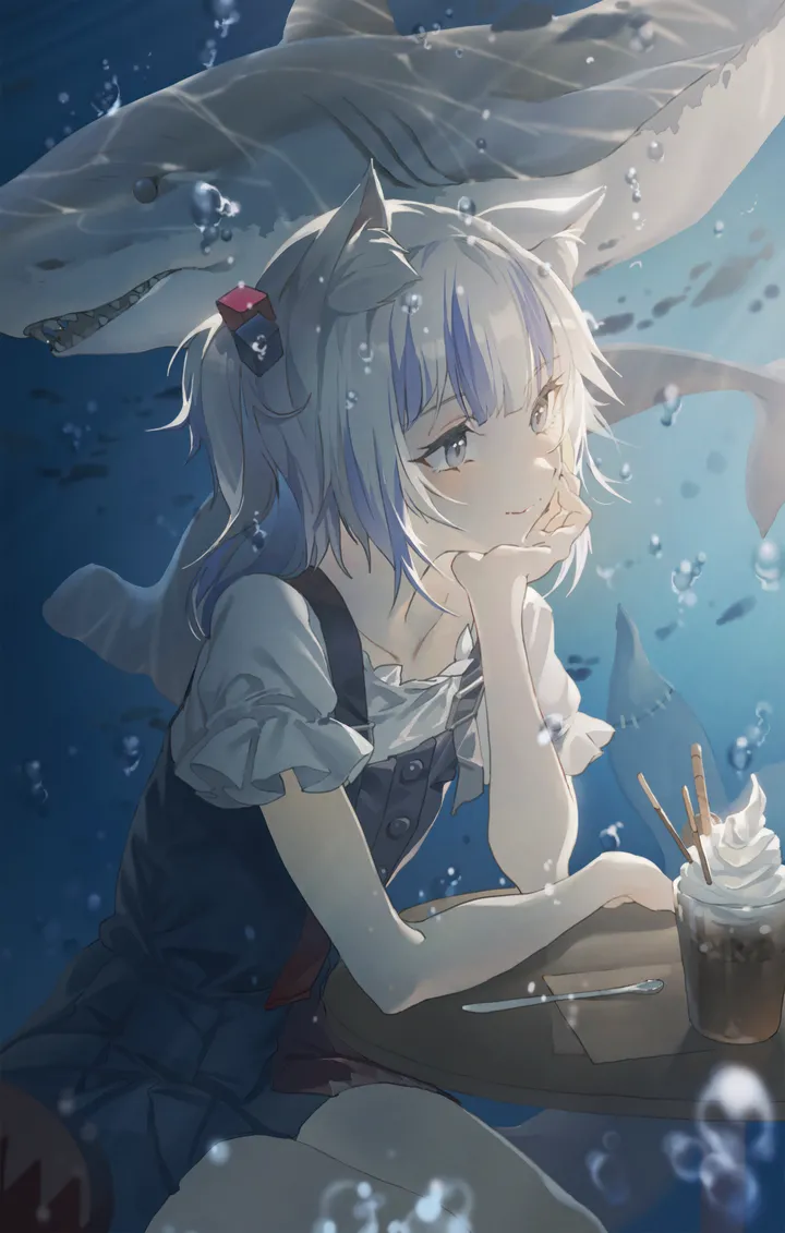 1girl,virtual_youtuber,medium_hair,side_ponytail,animal_ears,ice_cream,bangs,solo,closed_mouth,sitting,multicolored_hair,hair_ornament,tail,head_rest,streaked_hair,table,air_bubble,underwater,aquarium,bubble,grey_hair,cat_ears,white_shirt,blunt_bangs,short_sleeves,vertical,smile,animal_ear_fluff,blue_hair,blue_eyes,shirt,dress,collarbone,food,fish_tail,shark,shark_girl,shark_tail