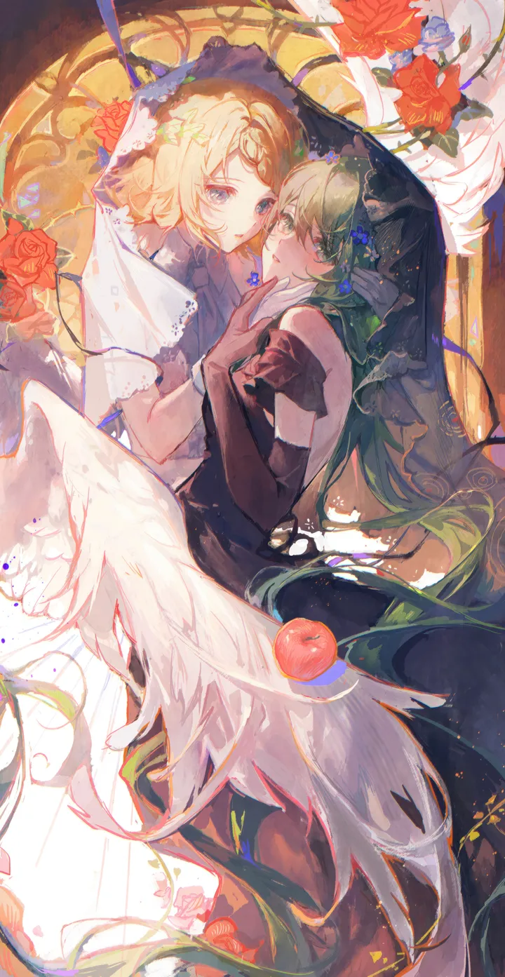 2girls,bangs,twintails,multiple_girls,angel_wings,hair_flower,hair_ornament,very_long_hair,parted_lips,gloves,hand_on_anothers_face,fruit,rose,white_gloves,white_wings,white_dress,yuri,looking_at_viewer,short_hair,vertical,red_rose,red_flower,green_hair,green_eyes,feathered_wings,wings,apple,blue_eyes,dress,blonde_hair,long_hair,elbow_gloves,bare_shoulders,backless_outfit,backless_dress,veil,food,flower,black_gloves,black_dress