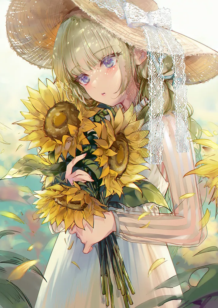 1girl,braid,ribbon,bangs,see-through,see-through_sleeves,solo,sunflower,sun_hat,hat_ribbon,hat_bow,hat,parted_lips,outdoors,holding,holding_flower,brown_headwear,day,white_ribbon,white_bow,white_dress,vertical,standing,blush,petals,straw_hat,blue_eyes,bow,dress,blonde_hair,long_hair,long_sleeves,flower,yellow_flower