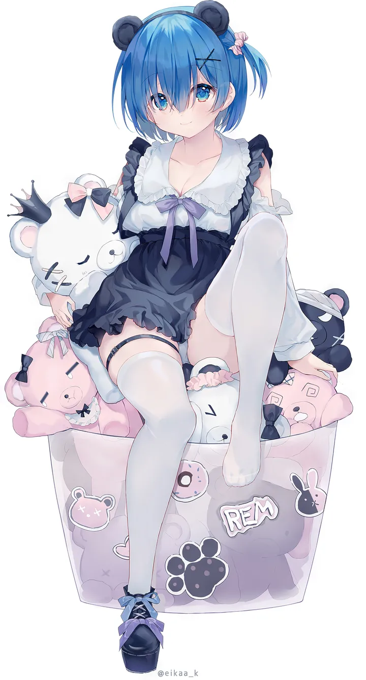 1girl,x_hair_ornament,ribbon,medium_breasts,breasts,cleavage,full_body,animal_ears,bangs,fake_animal_ears,solo,knee_up,hairclip,hairband,one_side_up,closed_mouth,sitting,thigh_strap,hair_ornament,hair_between_eyes,simple_background,stuffed_animal,stuffed_toy,no_shoes,teddy_bear,bear_ears,white_background,white_thighhighs,crown,looking_at_viewer,short_hair,alternate_costume,vertical,smile,frills,blue_hair,blue_eyes,bow,skindentation,thighhighs,dress,collarbone,long_sleeves,shoes,black_dress,black_footwear