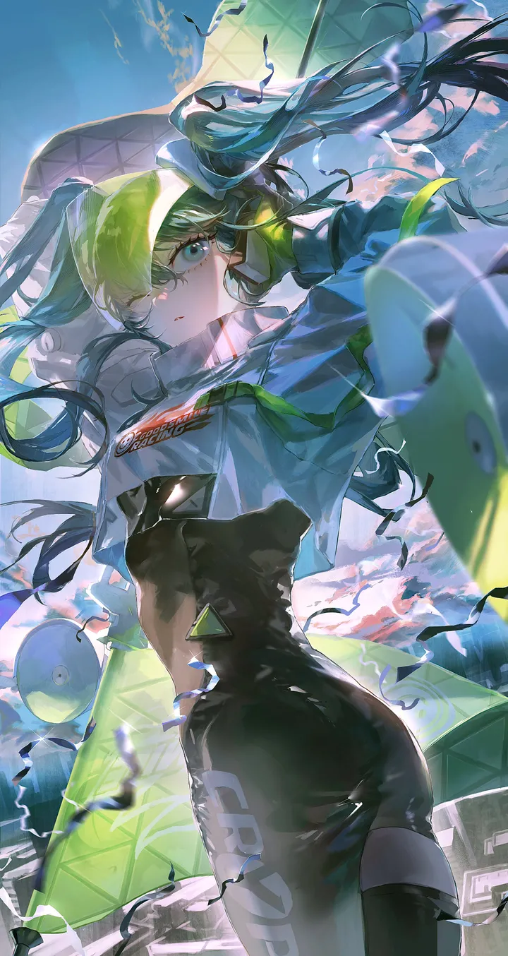 1girl,cowboy_shot,arms_up,crop_top_overhang,cloud,bangs,solo,single_thighhigh,twintails,looking_back,sky,jacket,ass,hair_between_eyes,very_long_hair,parted_lips,outdoors,gloves,holding,flag,aqua_hair,aqua_eyes,white_jacket,looking_at_viewer,cropped_jacket,vertical,green_gloves,blue_eyes,race_queen,twisted_torso,thighhighs,bodysuit,pole,long_hair,long_sleeves,one_eye_closed,crop_top,floating_hair,black_gloves,black_bodysuit