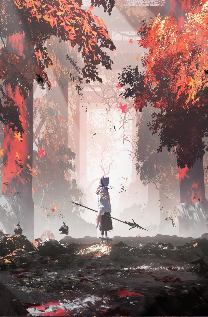 1girl,animal_ears,solo,leaf,multicolored_hair,nature,rock,wide_shot,outdoors,holding_weapon,holding_polearm,holding,maple_leaf,tree,forest,weapon,water,fox_mask,day,looking_at_viewer,skirt,autumn,autumn_leaves,vertical,standing,red_hair,shirt,polearm,long_sleeves,mask,scenery,black_hair,black_skirt