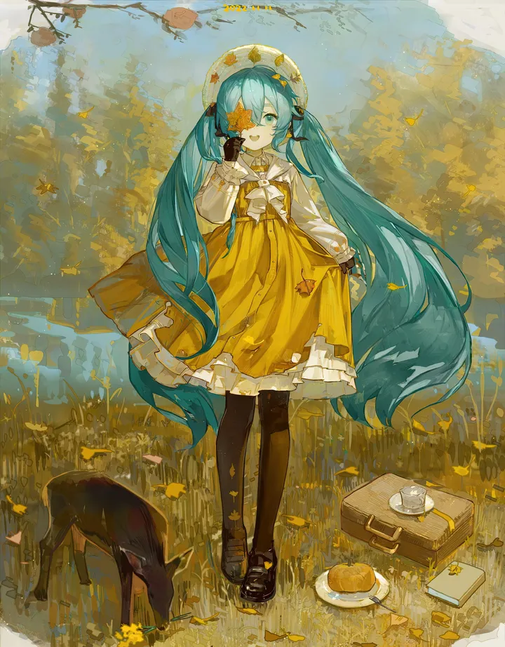 1girl,ribbon,full_body,bangs,animal,solo,twintails,leaf,hat,open_mouth,very_long_hair,outdoors,gloves,hand_up,holding_leaf,holding,skirt_hold,tree,aqua_hair,aqua_eyes,day,white_headwear,white_shirt,plate,looking_at_viewer,autumn,autumn_leaves,vertical,standing,smile,frills,frilled_dress,falling_leaves,puffy_long_sleeves,shirt,dress,pantyhose,ginkgo_leaf,long_hair,long_sleeves,shoes,food,yellow_dress,black_gloves,black_pantyhose,black_footwear