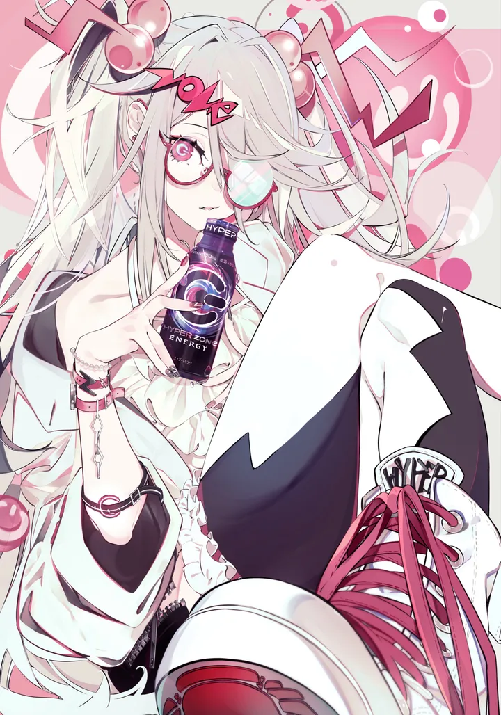 1girl,mismatched_legwear,asymmetrical_legwear,bangs,solo,twintails,closed_mouth,sitting,hair_ornament,hair_over_one_eye,jacket,bracelet,holding_can,holding,nail_polish,can,grey_hair,jewelry,white_hair,white_jacket,white_footwear,looking_at_viewer,glasses,vertical,symbol-shaped_pupils,pink_eyes,frills,sneakers,collarbone,long_hair,bare_shoulders,shoes