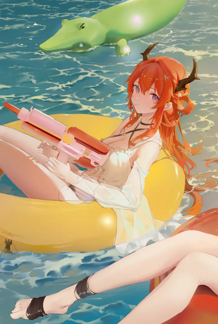 1girl,2girls,detached_sleeves,medium_breasts,breasts,cleavage,criss-cross_halter,bangs,solo_focus,sitting,multiple_girls,thighs,official_alternate_costume,hair_between_eyes,very_long_hair,outdoors,holding,bikini,water,water_gun,innertube,swimsuit,swimsuit_cover-up,ocean,day,looking_at_viewer,vertical,purple_eyes,red_hair,halterneck,barefoot,horns,large_breasts,long_hair,long_sleeves,bare_shoulders,choker,hair_rings,black_bikini,black_choker