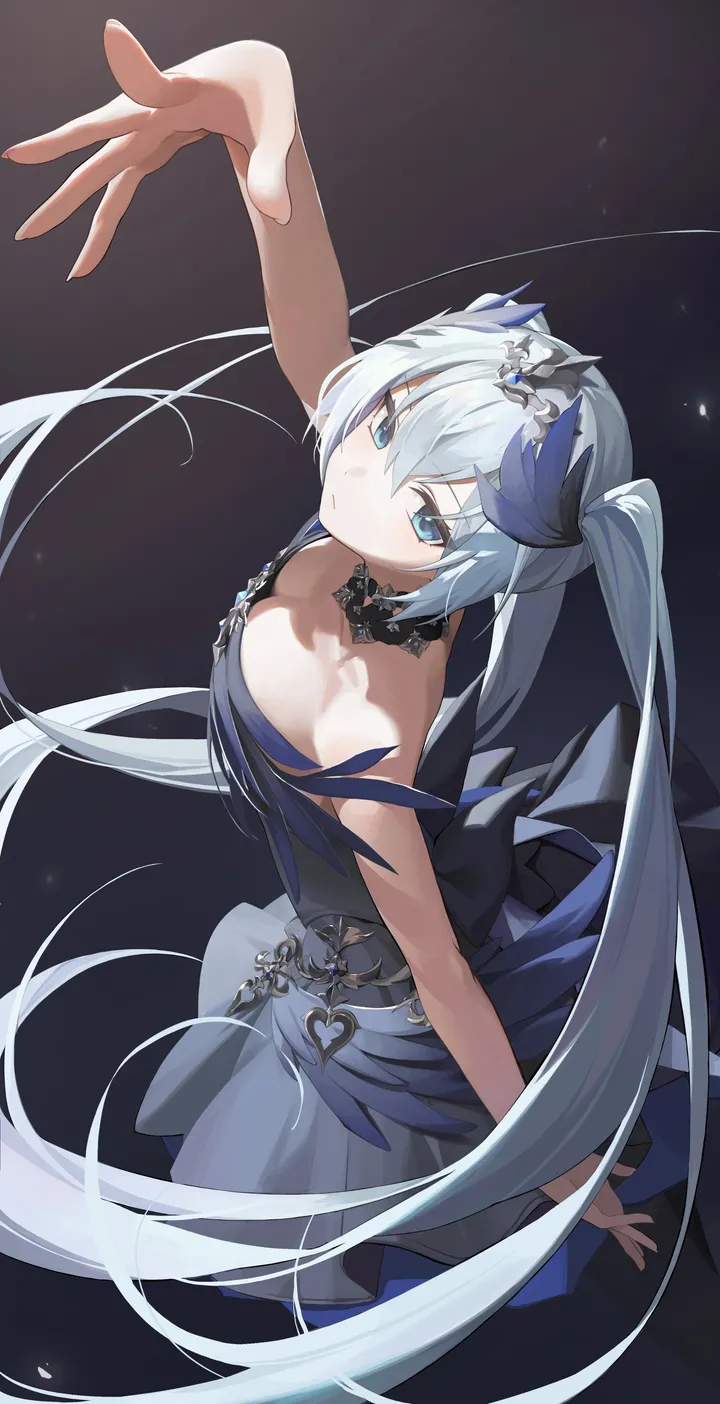 1girl,arm_up,breasts,cleavage,outstretched_arm,from_above,bangs,solo,twintails,closed_mouth,hair_ornament,hair_between_eyes,very_long_hair,strapless,strapless_dress,tiara,looking_at_viewer,vertical,blue_hair,blue_eyes,blue_dress,bare_arms,small_breasts,dress,collarbone,long_hair,bare_shoulders,choker,black_background,black_dress