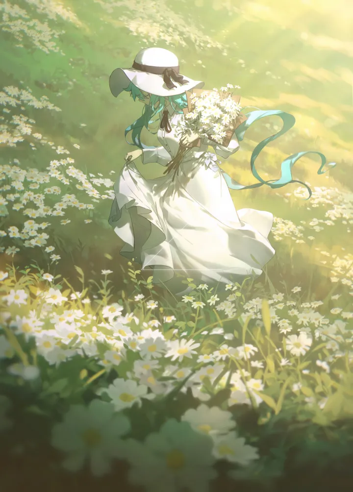 1girl,ribbon,from_side,solo,closed_eyes,twintails,sun_hat,hat_bow,hat,very_long_hair,outdoors,holding_bouquet,holding,holding_flower,skirt_hold,aqua_hair,field,day,white_headwear,white_flower,white_dress,vertical,standing,bouquet,flower_field,blue_hair,bow,dress,long_hair,long_sleeves,sunlight,floating_hair,flower,black_ribbon,black_bow