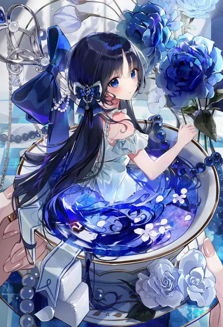 1girl,bangs,solo_focus,closed_mouth,looking_back,very_long_hair,holding,cup,water,rose,pearl_gemstone,pearl_necklace,beads,white_flower,white_dress,looking_to_the_side,looking_at_viewer,vertical,blush,teacup,blue_rose,blue_eyes,blue_flower,blue_bow,bow,hair_bow,in_container,in_cup,dress,minigirl,out_of_frame,partially_submerged,long_hair,bare_shoulders,off-shoulder_dress,flower,black_hair