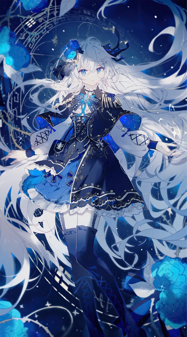 1girl,ribbon,full_body,bangs,solo,knee_boots,garter_straps,hair_flower,hair_ornament,capelet,hair_between_eyes,very_long_hair,constellation,rose,white_hair,looking_at_viewer,skirt,vertical,frills,blue_ribbon,blue_theme,blue_rose,blue_eyes,blue_flower,bow,thighhighs,dress,long_hair,long_sleeves,boots,cross-laced_footwear,high_heels,flower,black_thighhighs