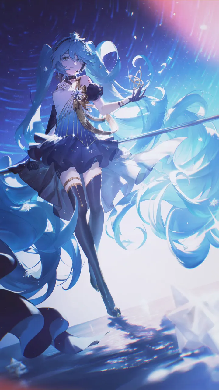 1girl,detached_sleeves,full_body,bangs,solo,twintails,closed_mouth,sky,hair_between_eyes,very_long_hair,parted_lips,gloves,holding,sleeveless,star_symbol,star_sky,starry_sky,jewelry,looking_at_viewer,vertical,standing,smile,chromatic_aberration,blue_theme,blue_hair,blue_eyes,blue_dress,absurdly_long_hair,thighhighs,dress,long_hair,elbow_gloves,bare_shoulders,floating_hair,thigh_boots,black_gloves,black_thighhighs