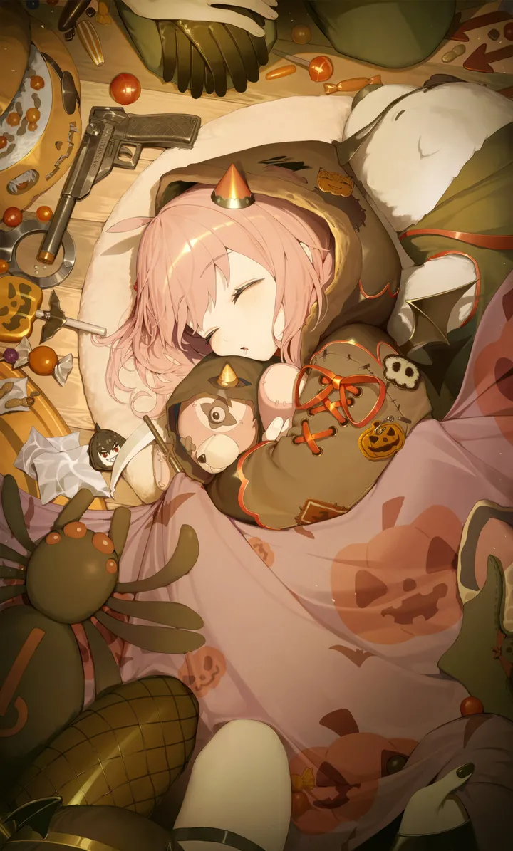 1girl,halloween,halloween_costume,on_side,hood,bangs,solo_focus,jack-o-lantern,closed_eyes,ahoge,multiple_girls,knife,child,hat,female_child,parted_lips,handgun,object_hug,holding,gun,weapon,stuffed_animal,stuffed_toy,blanket,under_covers,sleeping,vertical,pink_hair,candy,fake_horns,lying,out_of_frame,long_sleeves,food