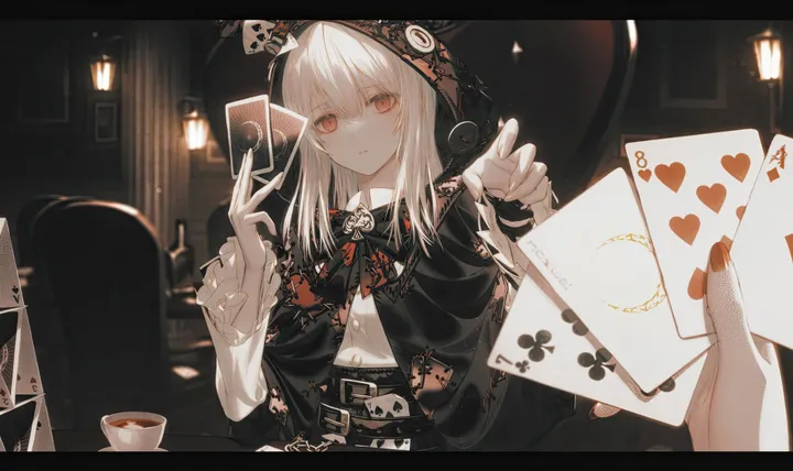 1girl,1other,upper_body,hood,bangs,solo_focus,card,closed_mouth,sitting,indoors,capelet,hooded_capelet,hair_between_eyes,heart,hood_up,holding_card,playing_card,holding,cloak,cup,table,chair,horizontal,letterboxed,white_hair,white_shirt,belt,looking_at_viewer,pov,red_nails,red_eyes,teacup,bow,shirt,pov_hands,long_hair,long_sleeves,bowtie,spade_shape,black_capelet,black_bow