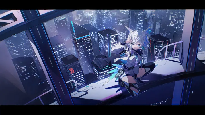 1girl,arm_up,animal_ears,bangs,solo,city,city_lights,cityscape,jacket,tail,hair_between_eyes,building,skyscraper,horizontal,weapon,fox_girl,fox_tail,fox_ears,letterboxed,white_hair,white_jacket,looking_at_viewer,short_hair,skirt,shorts,science_fiction,short_shorts,animal_ear_fluff,blue_eyes,open_jacket,open_clothes,squatting,thighhighs,long_sleeves,boots,scenery,high_heels,black_thighhighs