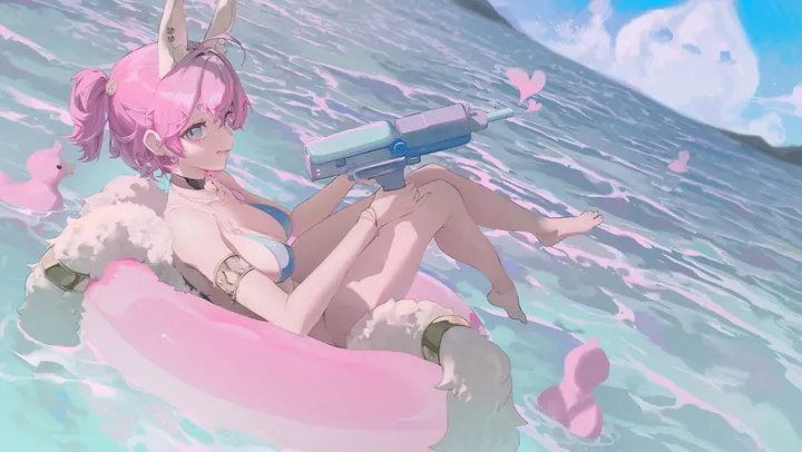 1girl,breasts,cleavage,cloud,from_side,rabbit_ears,animal_ears,bangs,fake_animal_ears,solo,ahoge,sky,rubber_duck,outdoors,holding,holding_water_gun,horizontal,bikini,water,water_gun,innertube,swimsuit,ocean,jewelry,day,looking_at_viewer,short_ponytail,short_hair,smile,pink_hair,earrings,blue_sky,blue_bikini,blue_eyes,bare_legs,barefoot,large_breasts,bare_shoulders,choker,ponytail,black_choker