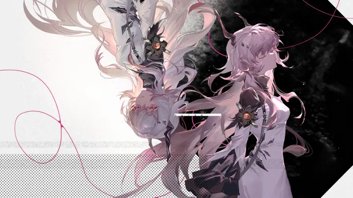 2girls,breasts,upside-down,bangs,closed_eyes,dual_persona,multiple_girls,hair_ornament,very_long_hair,demon_horns,horizontal,rotational_symmetry,white_hair,white_dress,horns,dress,long_hair