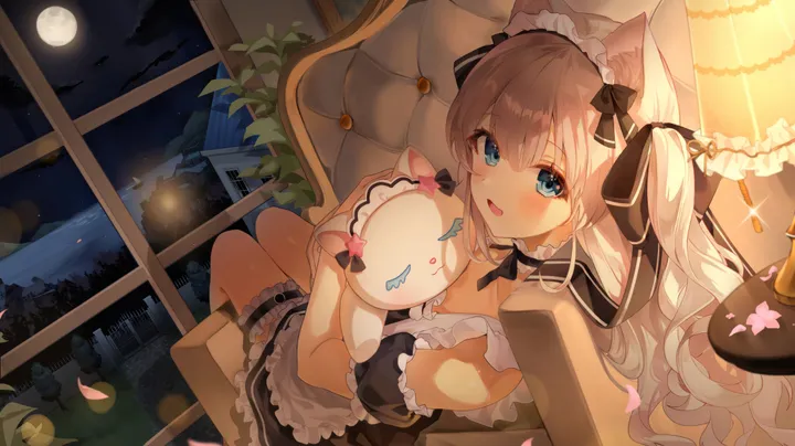 1girl,virtual_youtuber,detached_sleeves,ribbon,breasts,cleavage,cloud,animal_ears,bangs,solo,apron,on_couch,sitting,night,night_sky,sky,hair_ribbon,maid,maid_apron,maid_headdress,indoors,two_side_up,open_mouth,object_hug,knees_up,moon,chair,horizontal,stuffed_animal,stuffed_toy,couch,full_moon,lamp,cat_ears,white_apron,white_hair,looking_at_viewer,short_sleeves,window,smile,animal_ear_fluff,blush,petals,frills,frilled_apron,frilled_dress,blue_eyes,puffy_short_sleeves,puffy_sleeves,fang,bow,hair_bow,bridal_garter,dress,long_hair,bare_shoulders,black_bow,black_dress